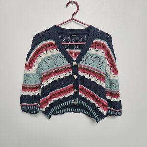 Vintage Hand Crochet Sz M Colorful Striped Open Cropped Cardigan Sweater